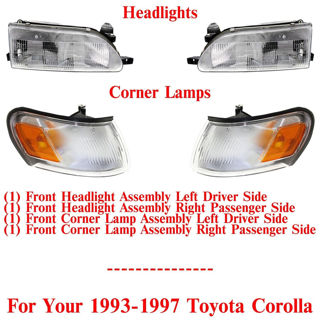 Headlights + Corner Lamps Assembly Left & Right Side For 1993-97 Toyota Corolla