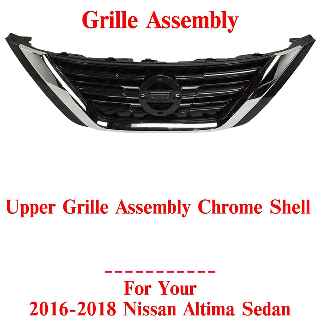 Front Bumper Upper Grille Assembly Chrome Shell For 2016-18 Nissan Altima Sedan