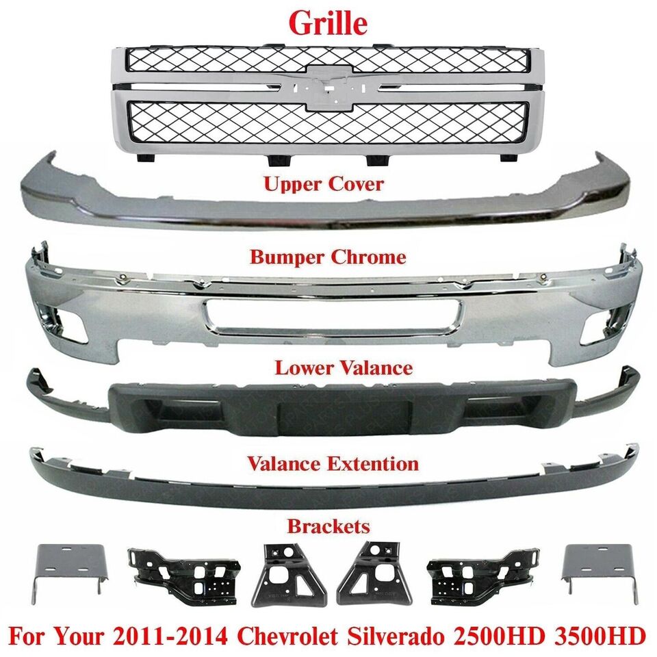 Front Bumper Kit + Grille + Brackets Set For 2011-14 Chevy Silverado 2500HD 3500