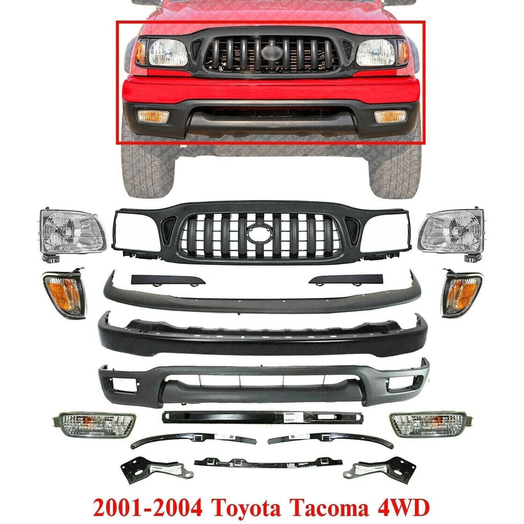 Front Bumper Primed Complete Kit + Grille & Lights For 2001-04 Toyota Tacoma 4WD