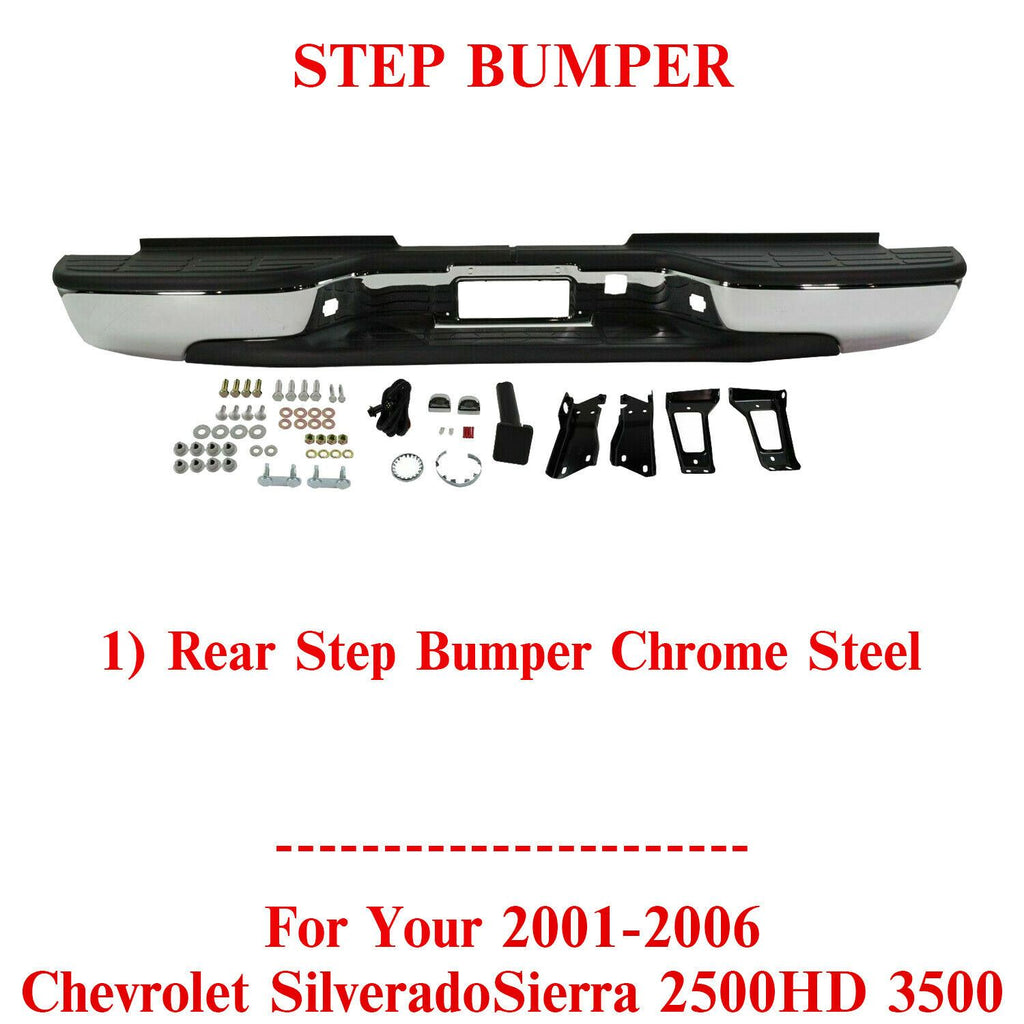Rear Bumper Chrome Steel For 2001-2006 Chevrolet Silverado / Sierra 2500HD 3500
