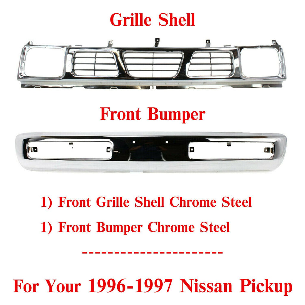 Front Bumper Chrome Steel + Grille Shell and Insert For 1996-1997 Nissan Pickup