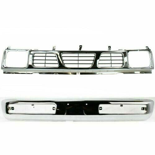 Front Bumper Chrome Steel + Grille Shell and Insert For 1996-1997 Nissan Pickup