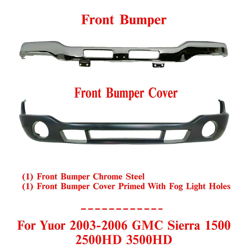 Front Chrome Steel Bumper + Lower Valance For 03-06 GMC Sierra 1500 2500HD 3500