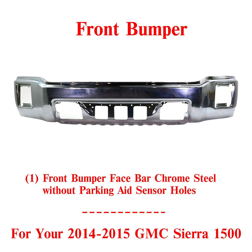 Front Chrome Bumper Steel Face Bar W/o IPAS Holes for 2014-2015 GMC Sierra 1500