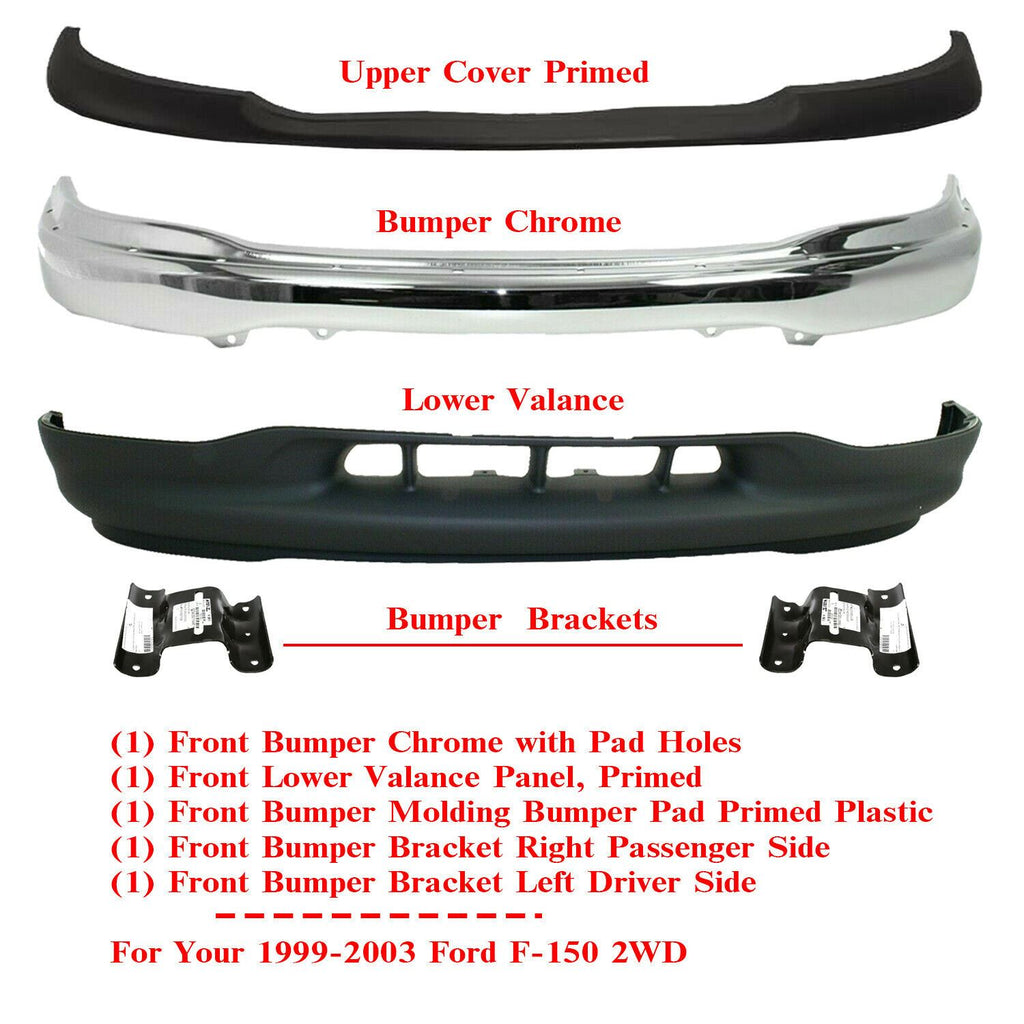Front Chrome Bumper Steel Kit + Mounting Brk For 1999-2003 Ford F150 2WD