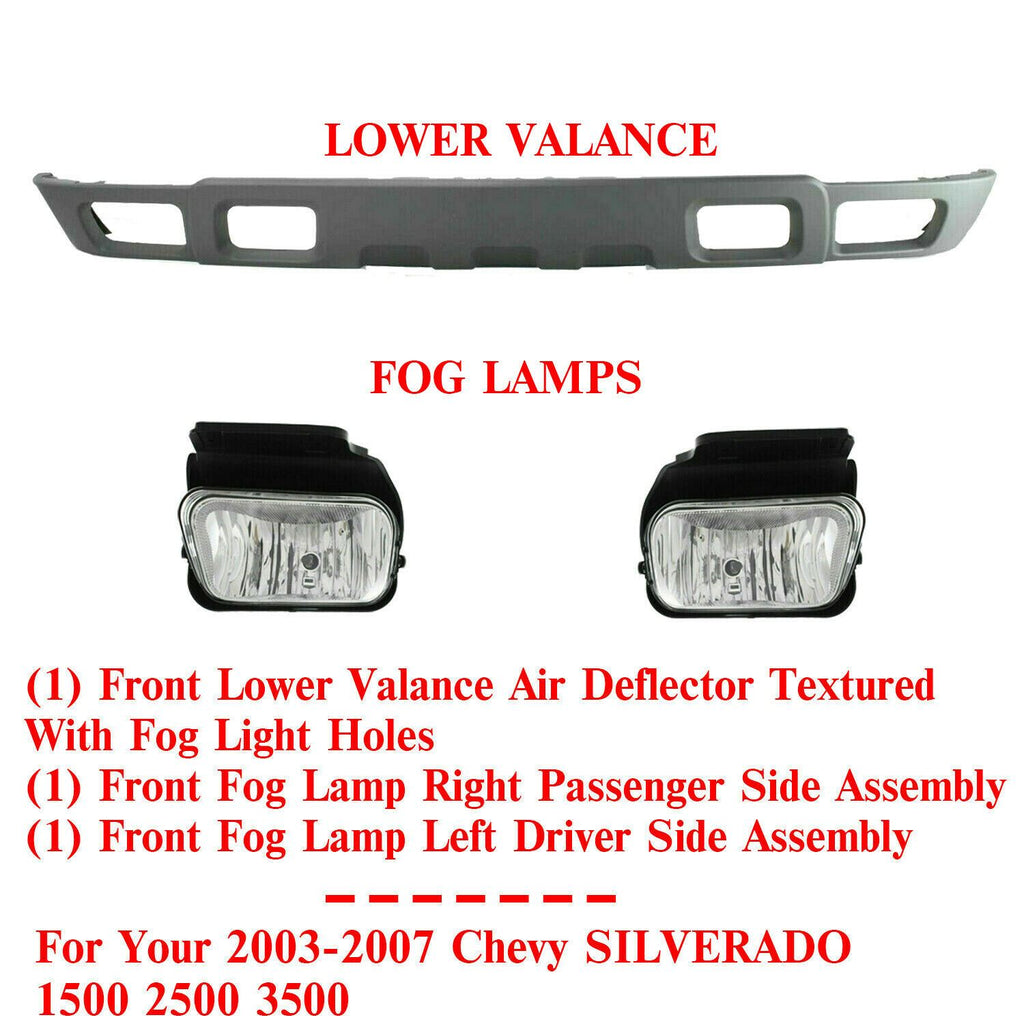 Front Lower Valance + Fog Lights For 2003-2006 Silverado 1500 2500HD 3500HD