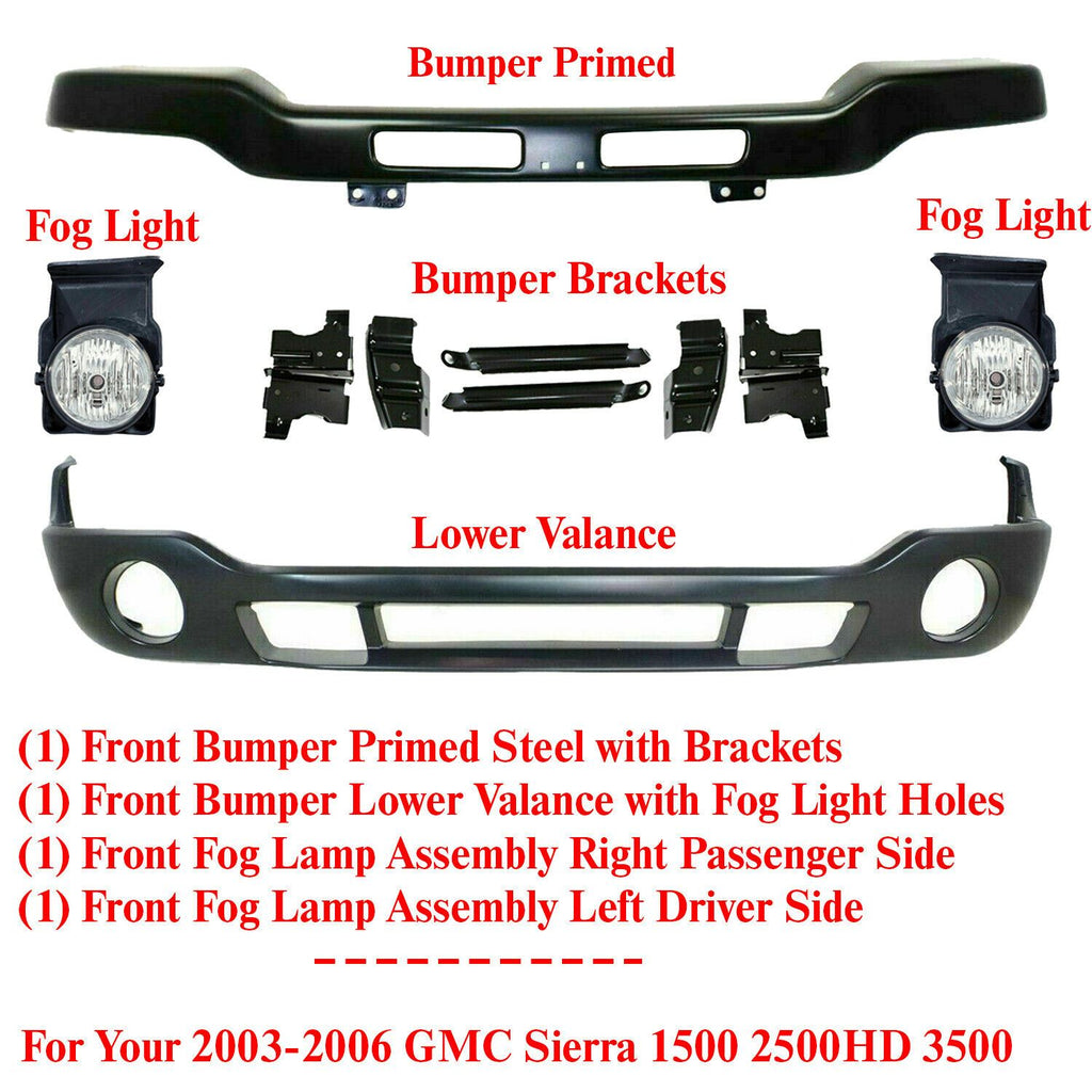 Front Bumper Primed with Brackets + Valance + Fog For 2003-2006 Sierra 1500-3500