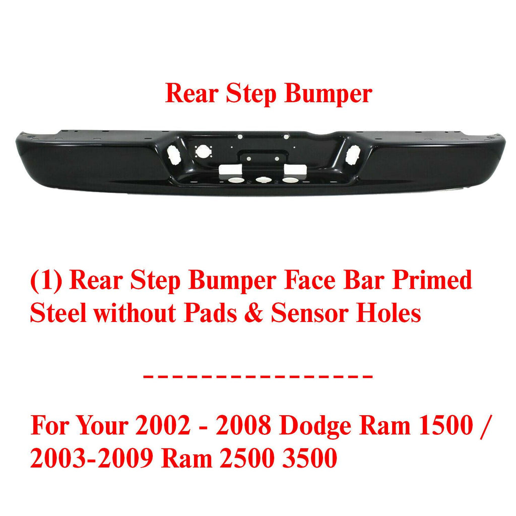 Rear Step Bumper Primed Steel For 2002-2008 Dodge Ram 1500 / 2002-2009 2500 3500