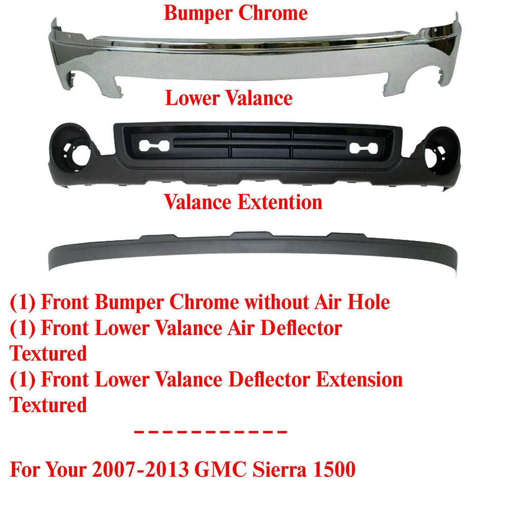 Front Chrome Steel Bumper + Valance + Extension For 2007-2013 GMC Sierra 1500