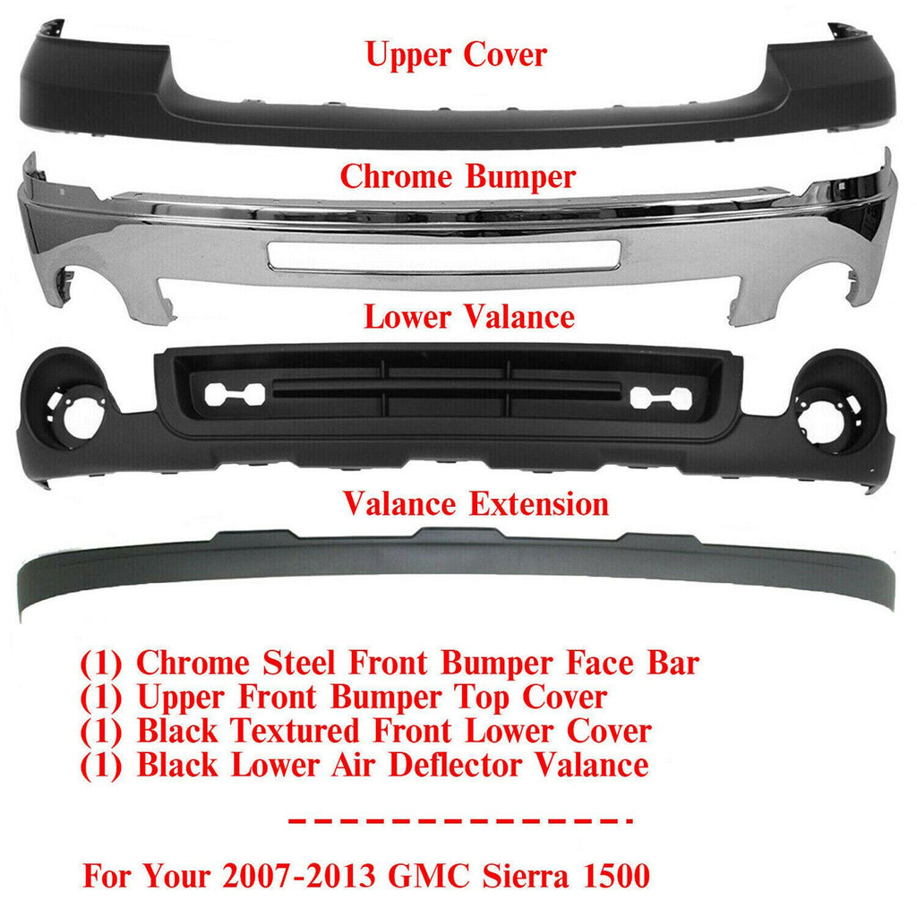 Front Bumper Chrome Steel Complete Kit For 2007 - 2013 GMC Sierra 1500 Pickup