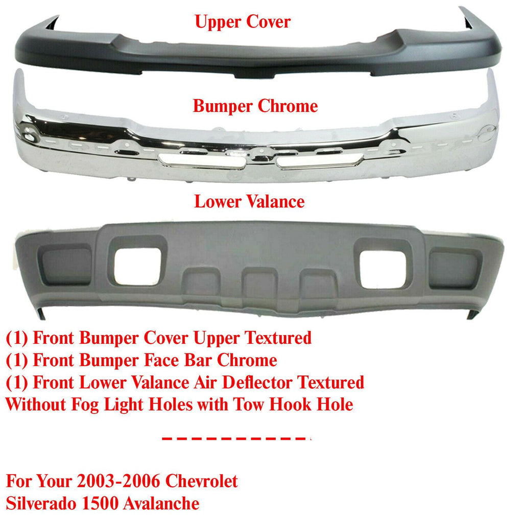 Front Bumper Chrome + Lower Valance + Upper Cover For 03-06 Chevy Silverado 1500