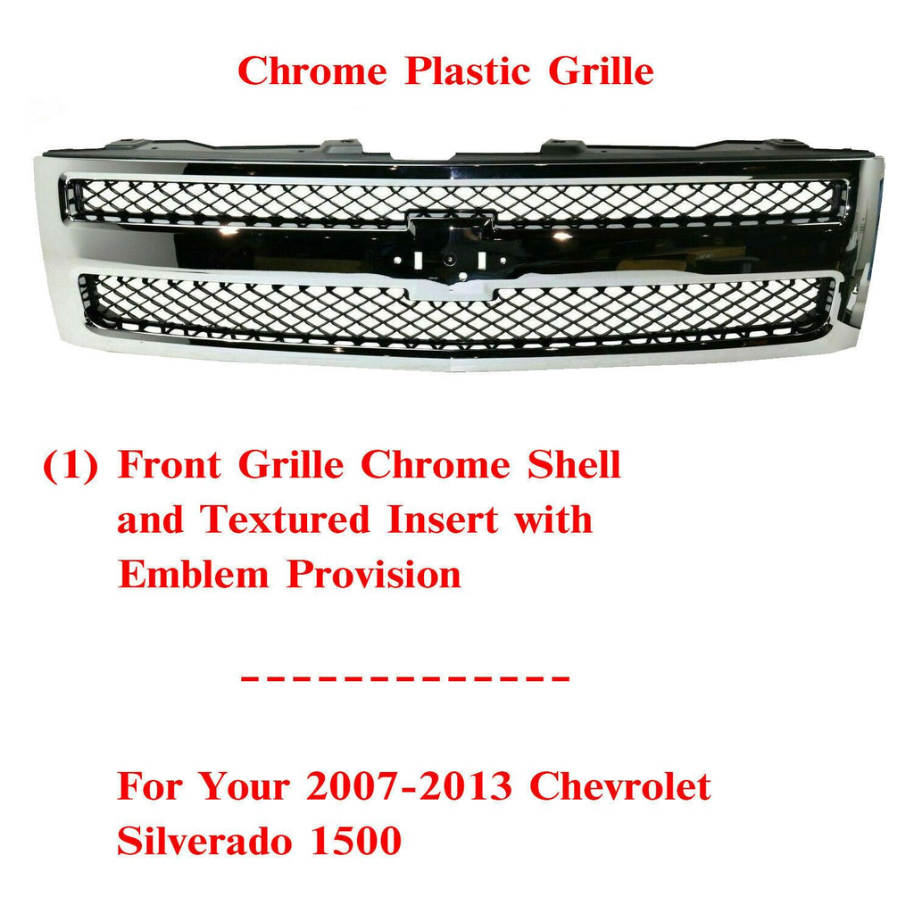 Front Grille Chrome Shell and Textured Insert For 07-13 Chevrolet Silverado 1500