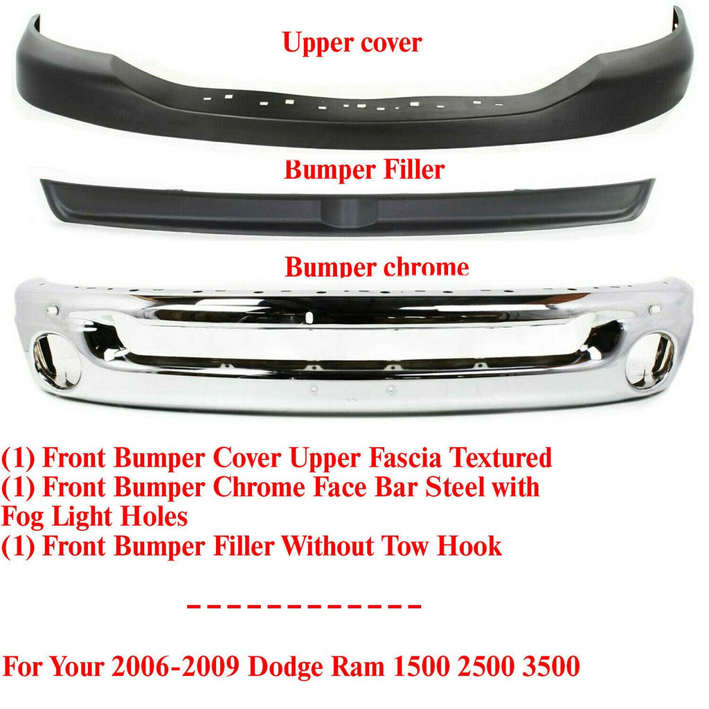 Front Bumper Chrome + Filler + Upper Cover Textrd For 06-09 Dodge Ram 1500-3500