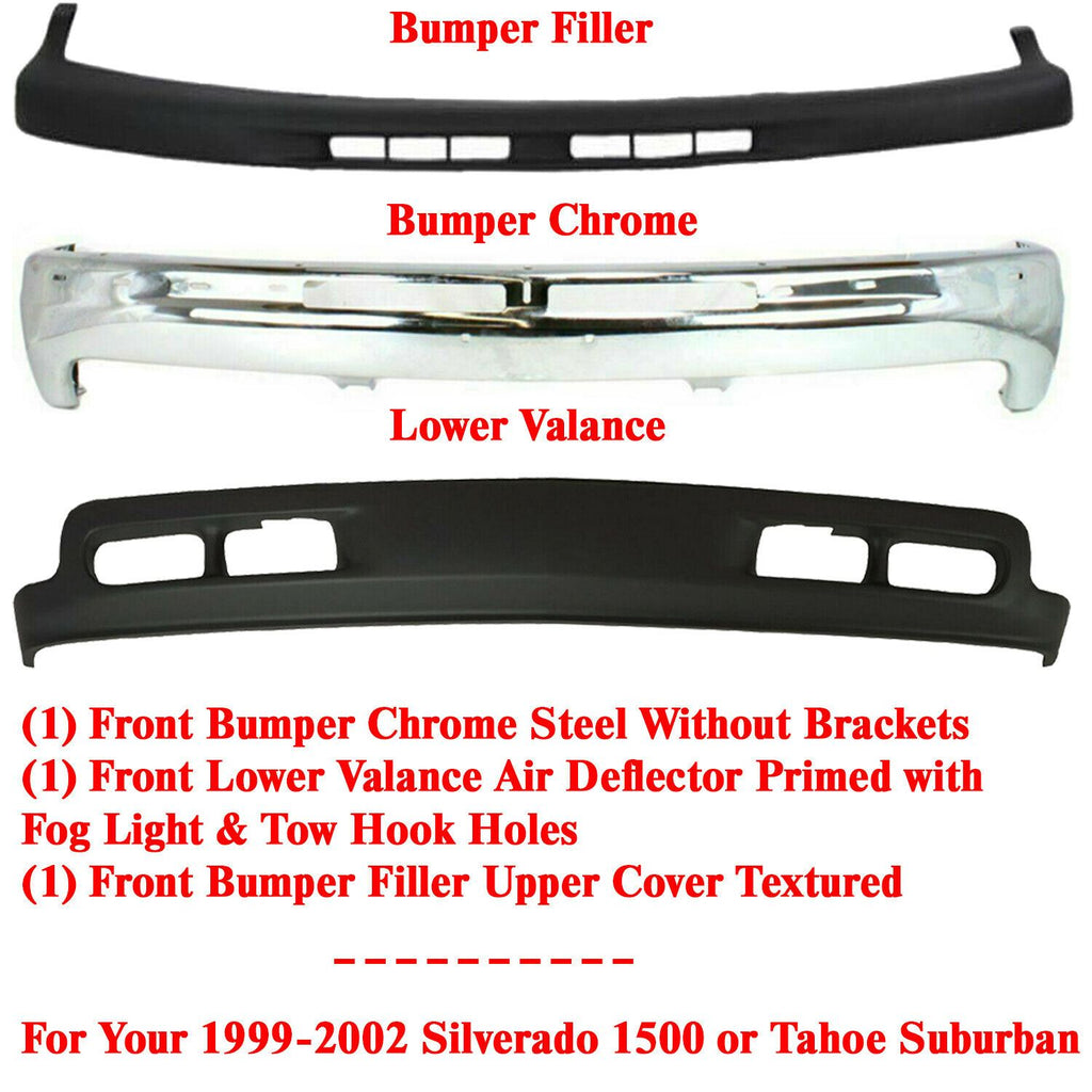 Front Bumper Chrome + Valance + Filler For 99-02 Silverado 1500 / Tahoe Suburban