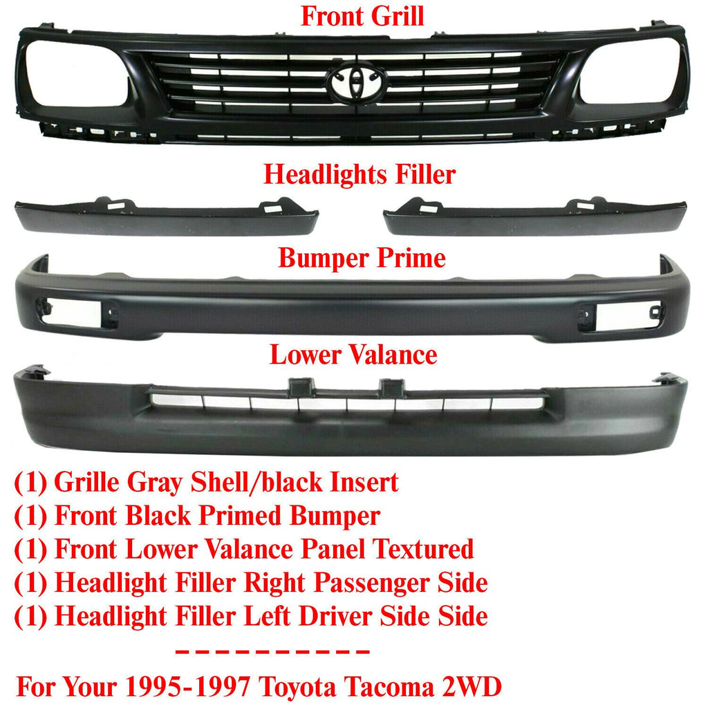 Front Bumper Primed + Valance + Filler + Grille For 95-96 Toyota Tacoma 2WD