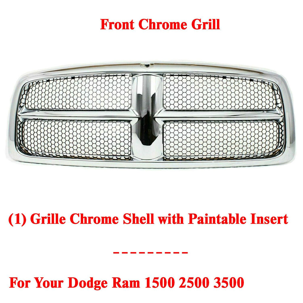 Front Grille Chrome Shell and Insert For 2002-2005 Dodge Ram 1500 2500 3500