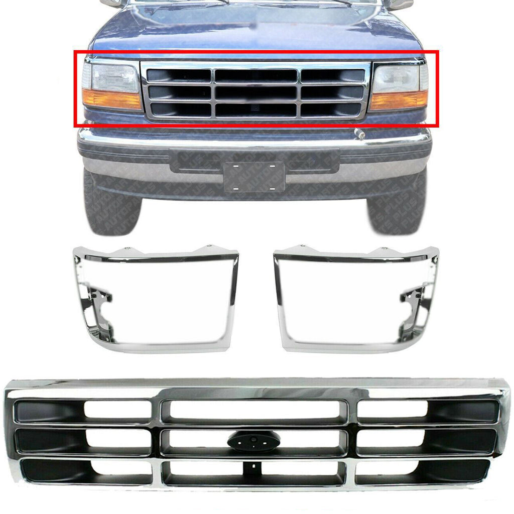 Front Grille Chrome + Head Light Door Pair For 1992-1997 Ford F-Series / Bronco