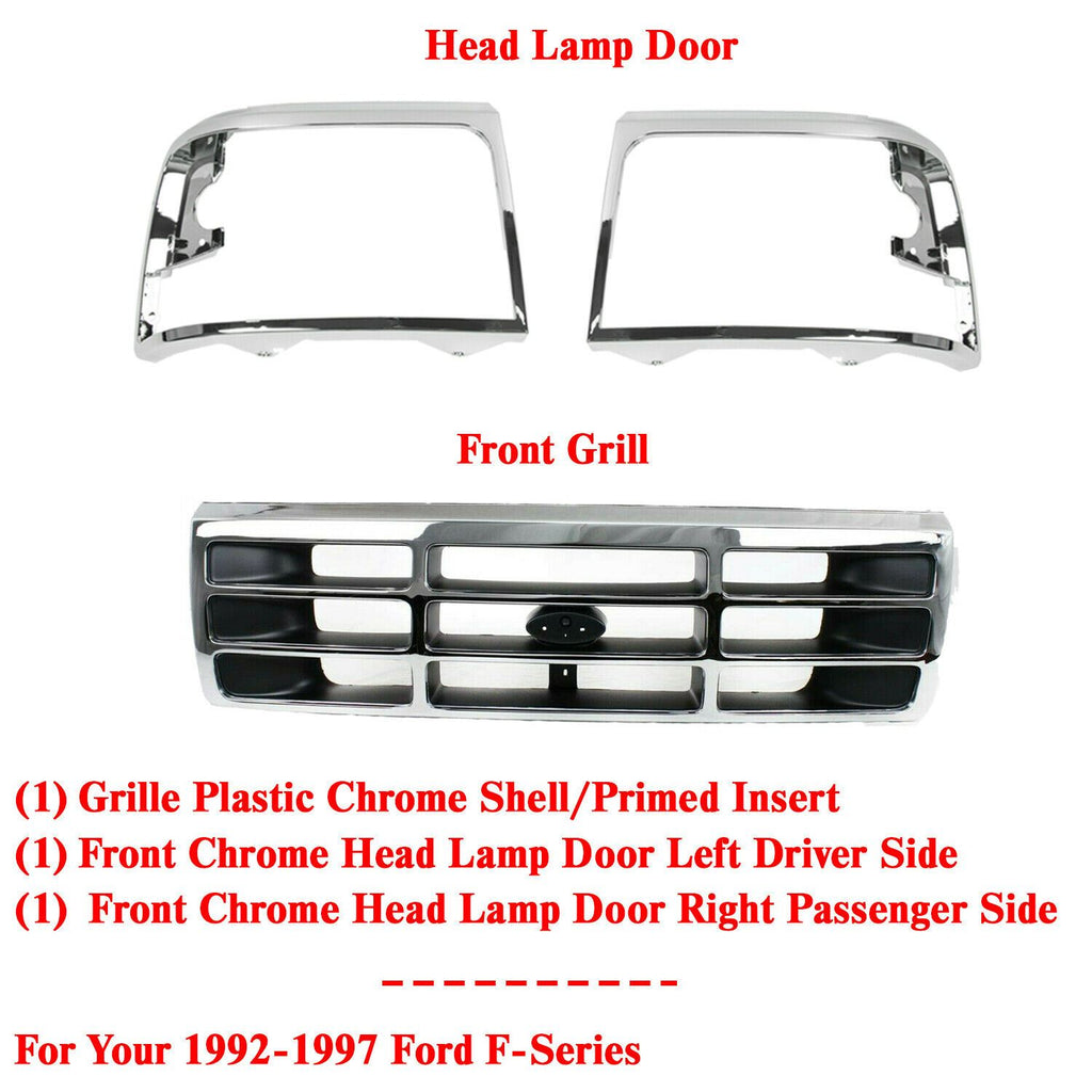 Front Grille Chrome + Head Light Door Pair For 1992-1997 Ford F-Series / Bronco