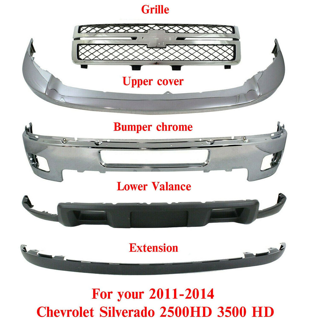 Front Bumper Chrome+Grille + Cover + Valance For 2011-2014 Silverado 2500HD 3500
