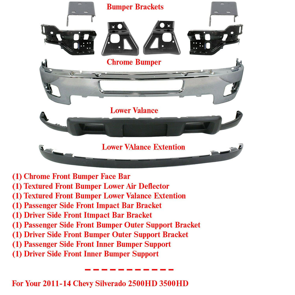 Front Bumper Chrome Steel Kit With Brackets For 2011-2014 Silverado 2500HD 3500