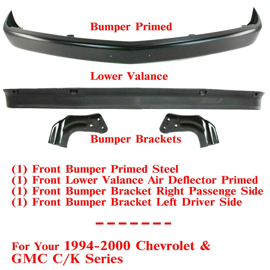 Front Bumper Primed Steel + Lower Valance + Brackets For 94 -02 GMC C1500 Chevy