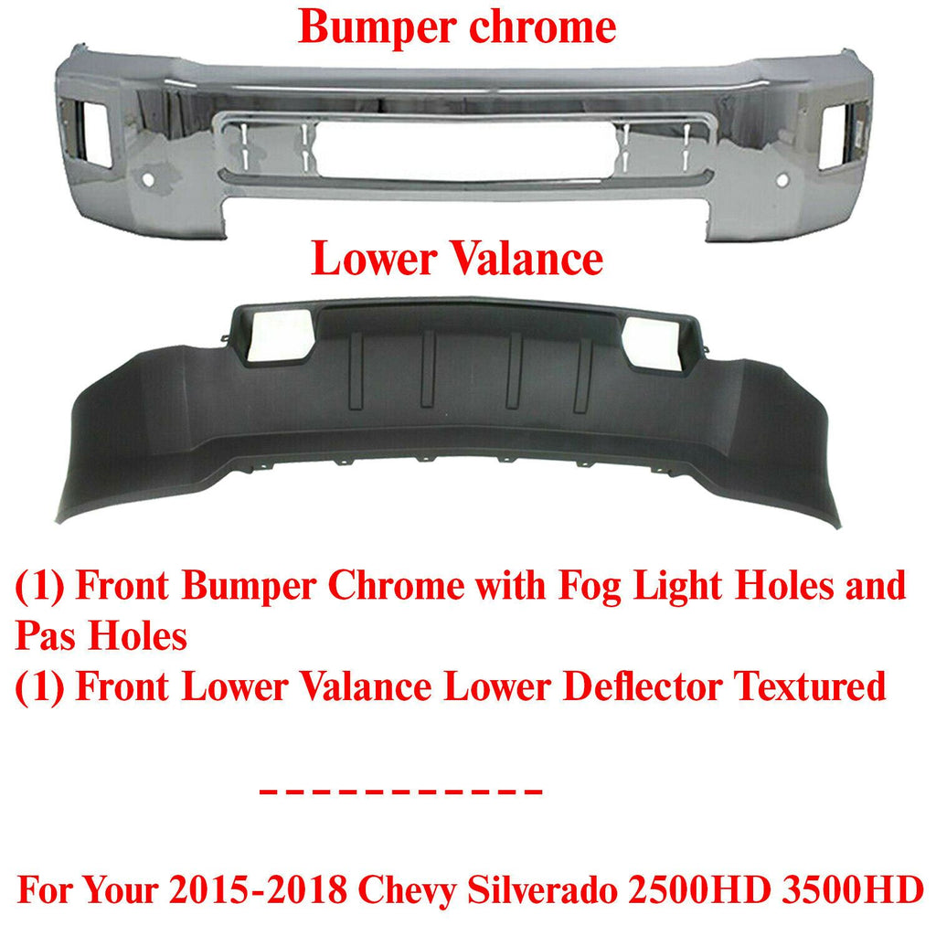 Front Bumper Chrome + Low Valance For 2015-2018 Chevrolet Silverado 2500HD 3500