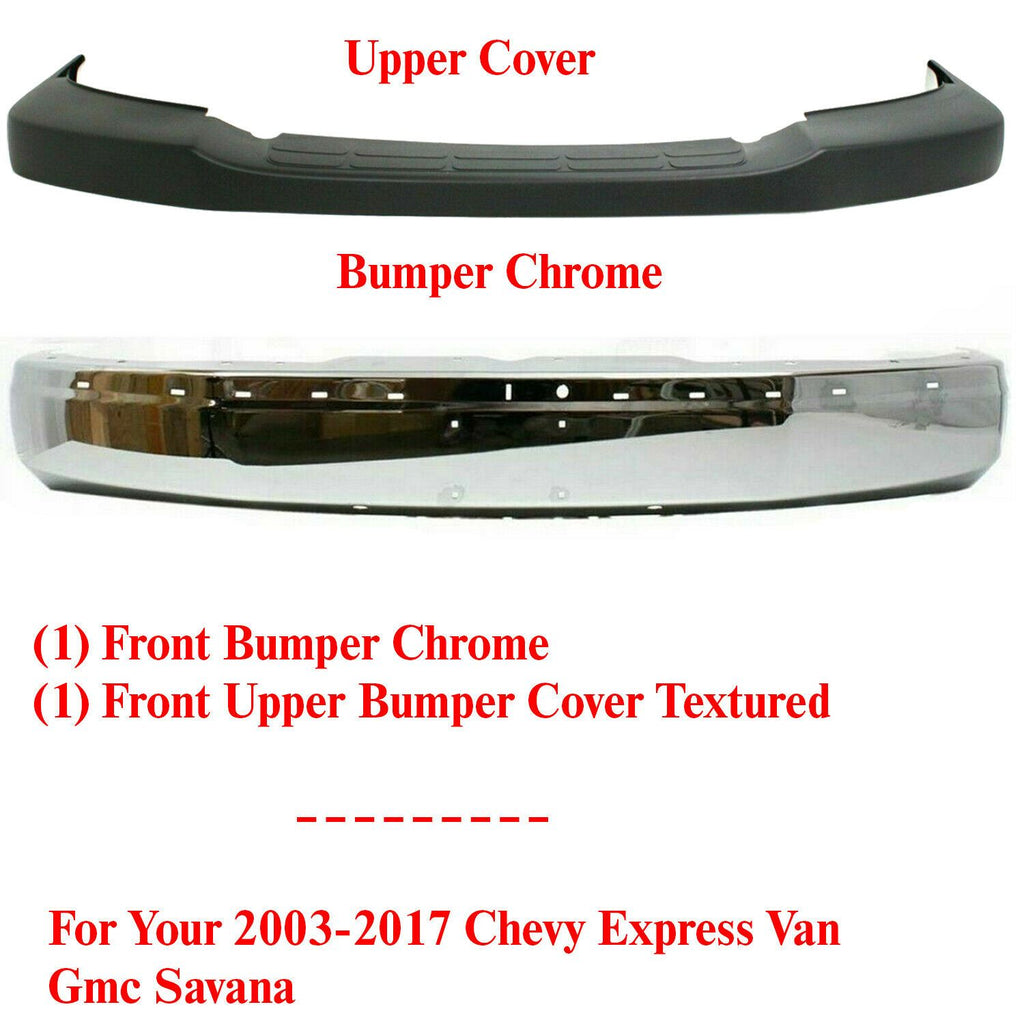 Front Chrome Steel Bumper + Upper Cover For 2003-17 Chevy Express Van GMC Savana
