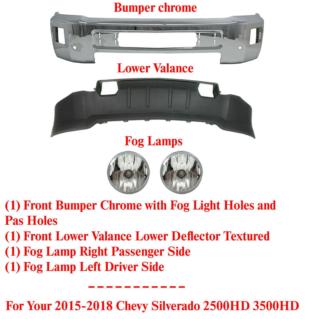 Front Bumper Chrome Steel + Valance + Fog For 2015-2018 Silverado 2500HD 3500HD