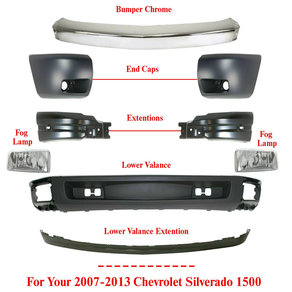 Front Chrome Bumper Steel + Valance+Ends+ Fog for 2007-2013 Chevy Silverado 1500