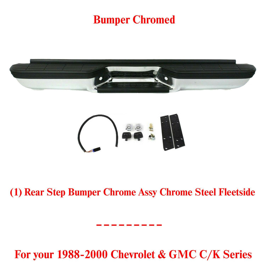 Rear Chrome Bumper Steel for 1988-2000 Chevy Silverado GMC Sierra C/K 1500 2500