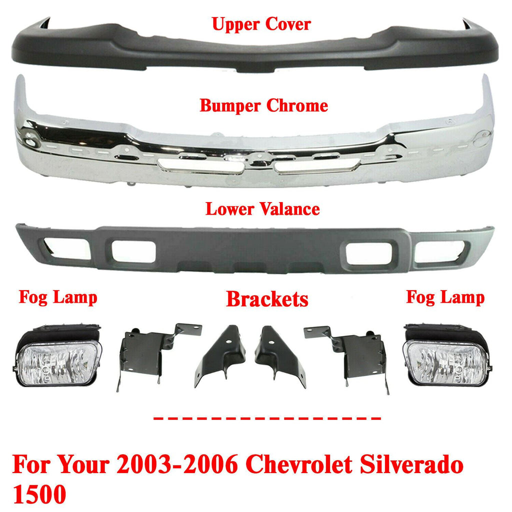 Front Bumper Chrome + Upper + Valance + Fog Lamp + Brackets For 2003-2006 Chevy Silverado 1500