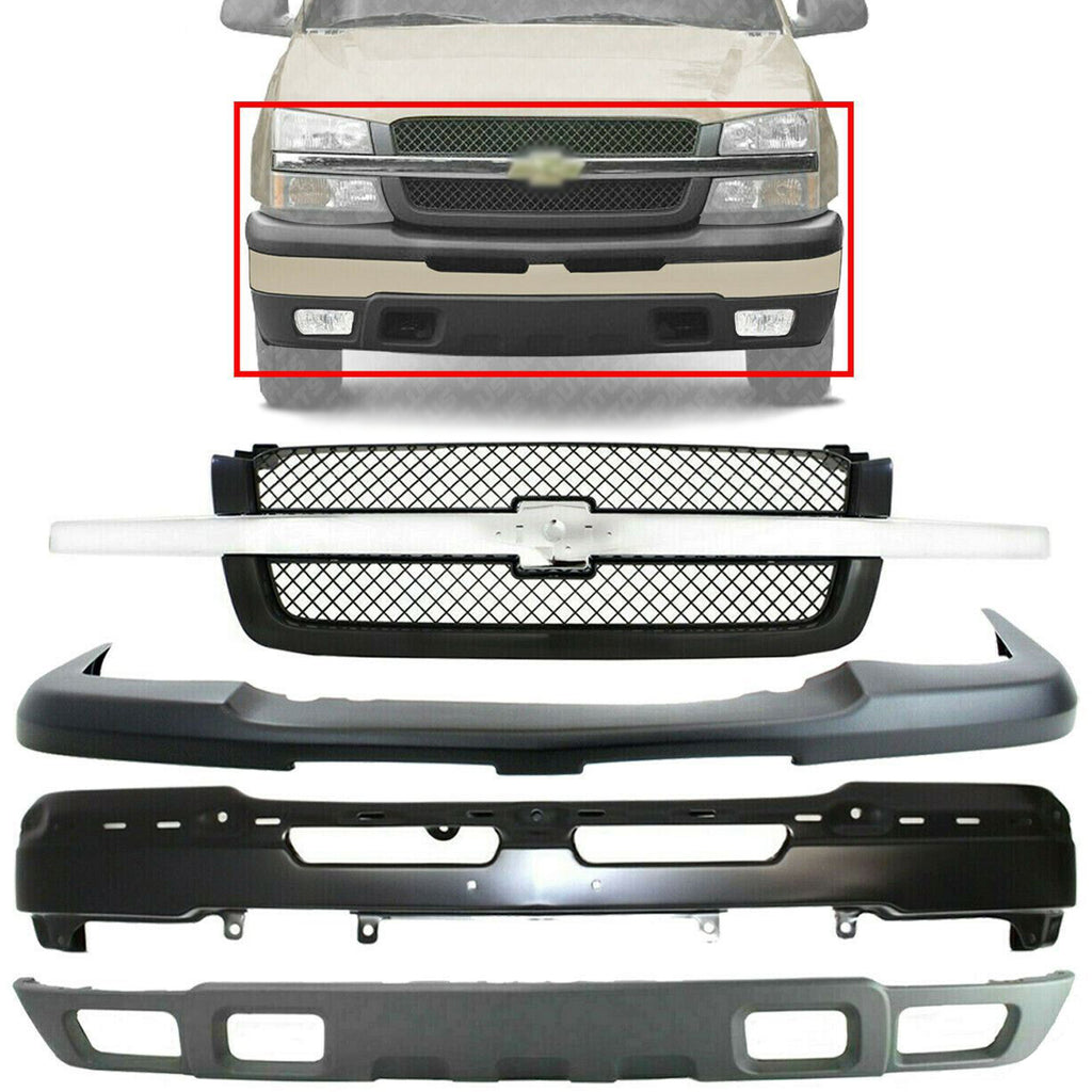 Front Bumper Primed Steel + Covers + Grille For 03-07 Silverado / Avalanche 1500