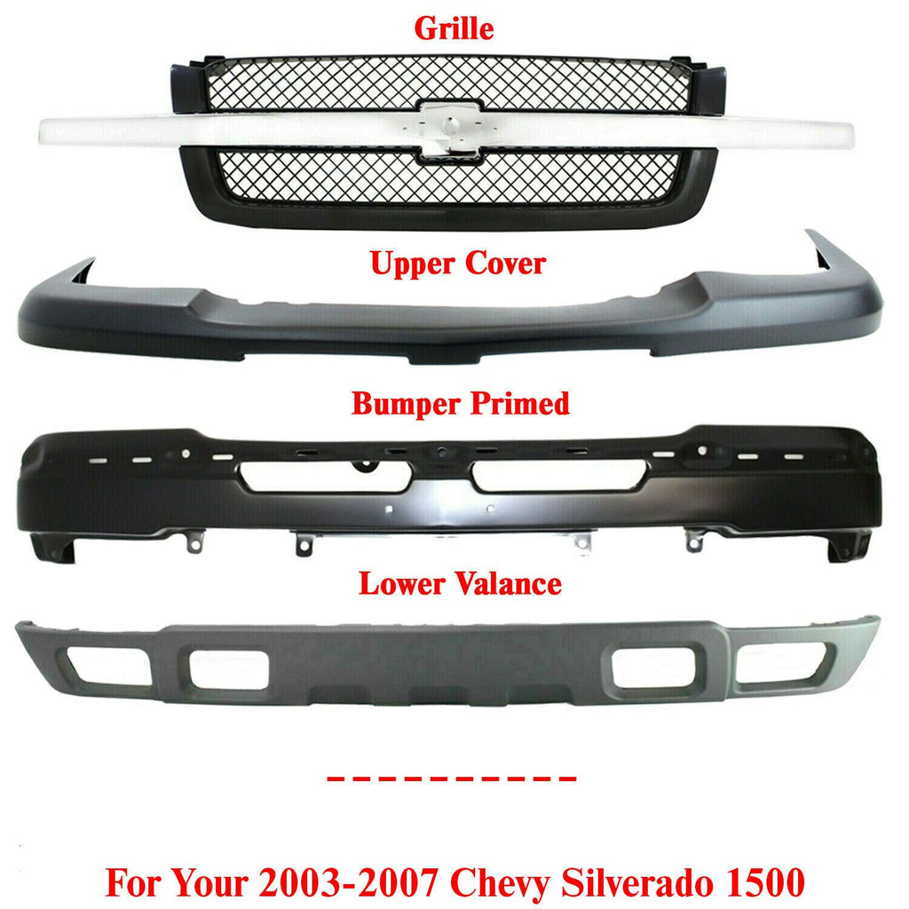 Front Bumper Primed Steel + Covers + Grille For 03-07 Silverado / Avalanche 1500