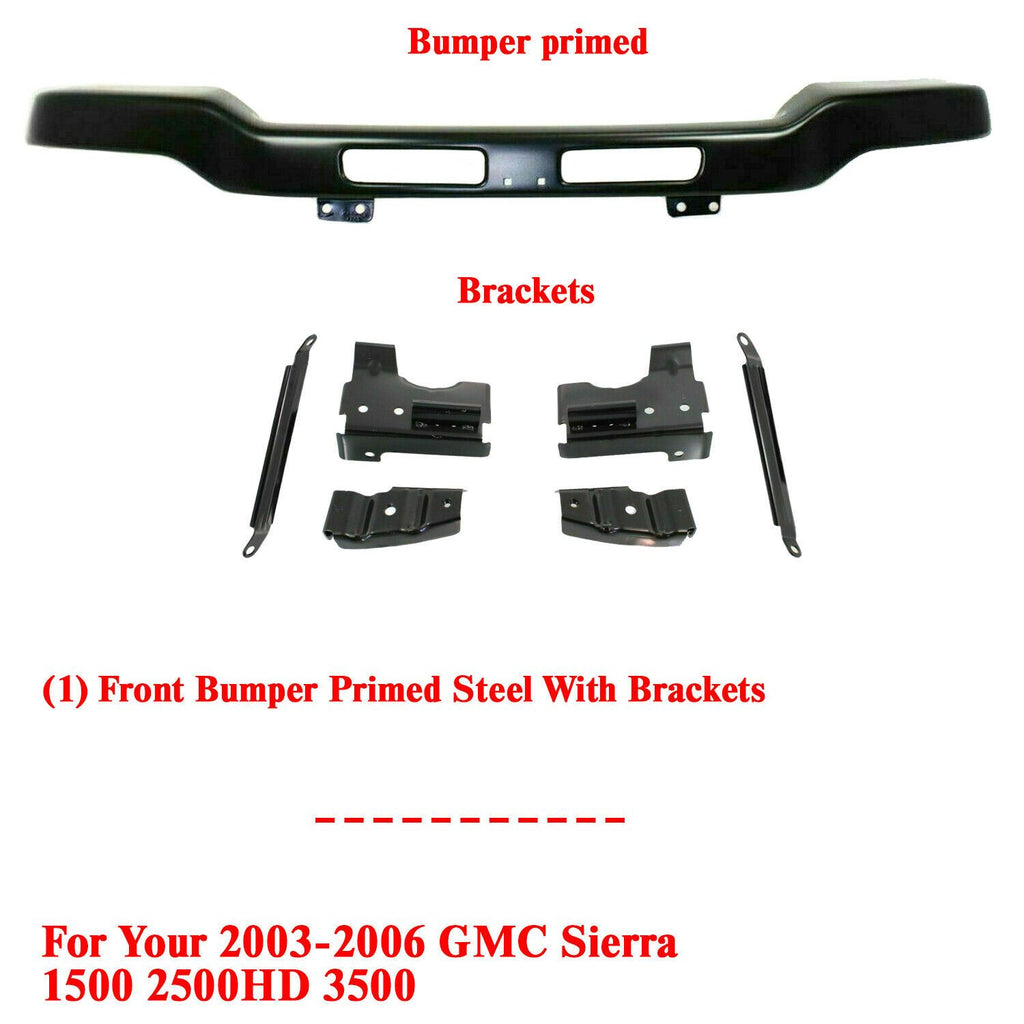 Front Bumper Primed Steel With Brackets For 2003-2007 GMC Sierra 1500 2500 3500