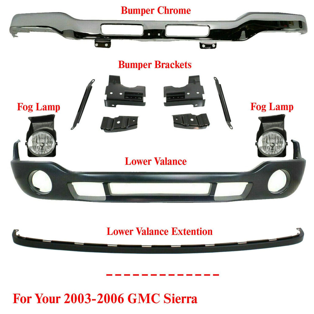 Front Bumper Chrome w/ Bracket+Valance+Extension+Fog Lamps For 2003-06 GMC Siera