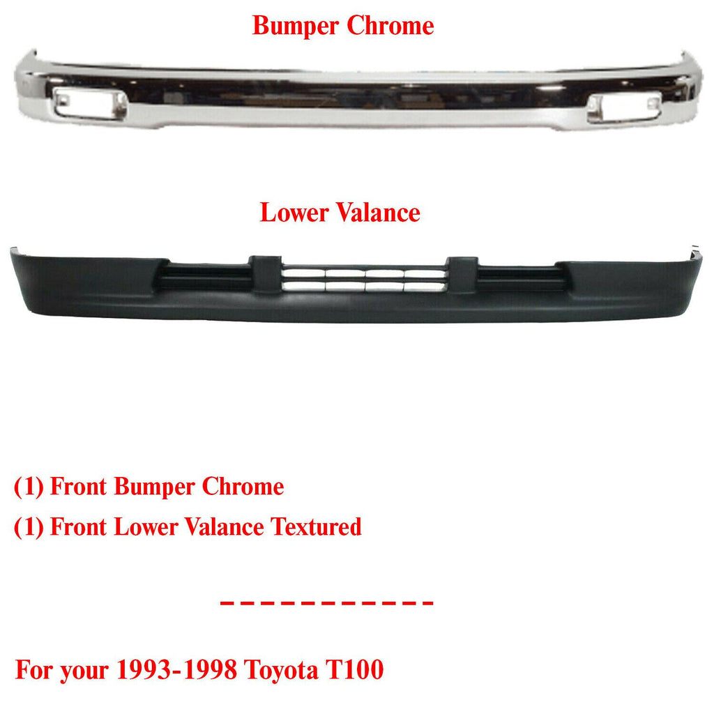 Front Bumper Chrome + Lower Valance Air Deflector For 93-98 Toyota T-100 Pickup