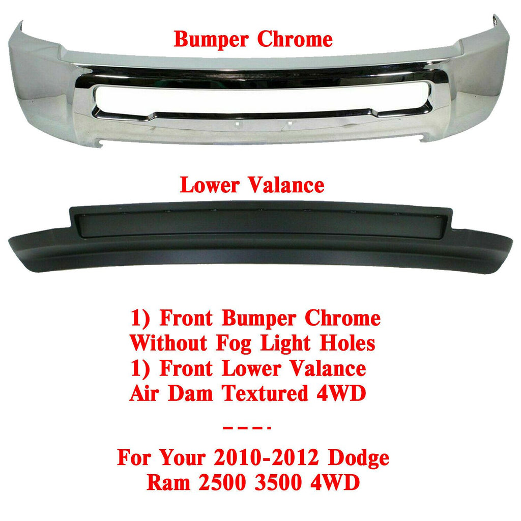 Front Bumper Chrome + Air Dam w/o Fog Hole For 2010-2012 Dodge Ram 2500 3500 4WD