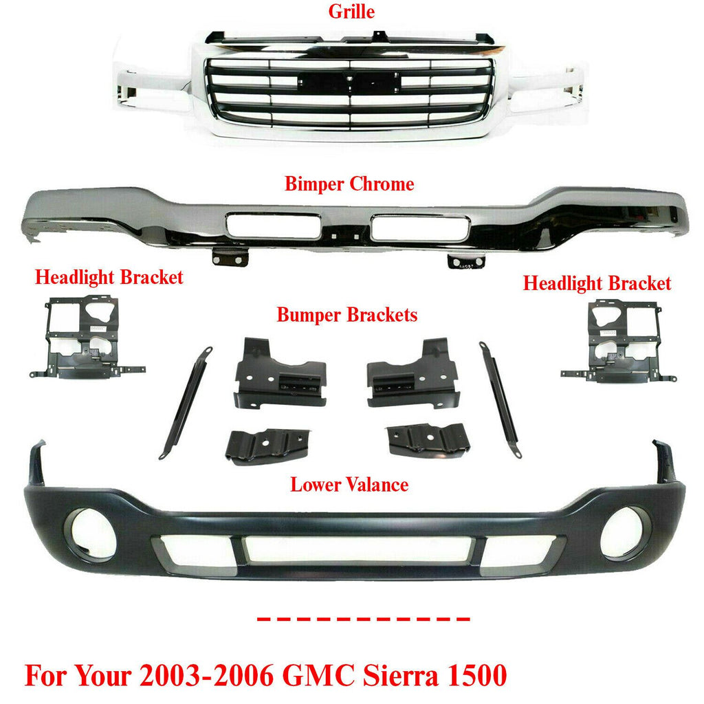 Front Bumper Chrome With Brackets + Valance + Grille For 2003-06 GMC Sierra 1500