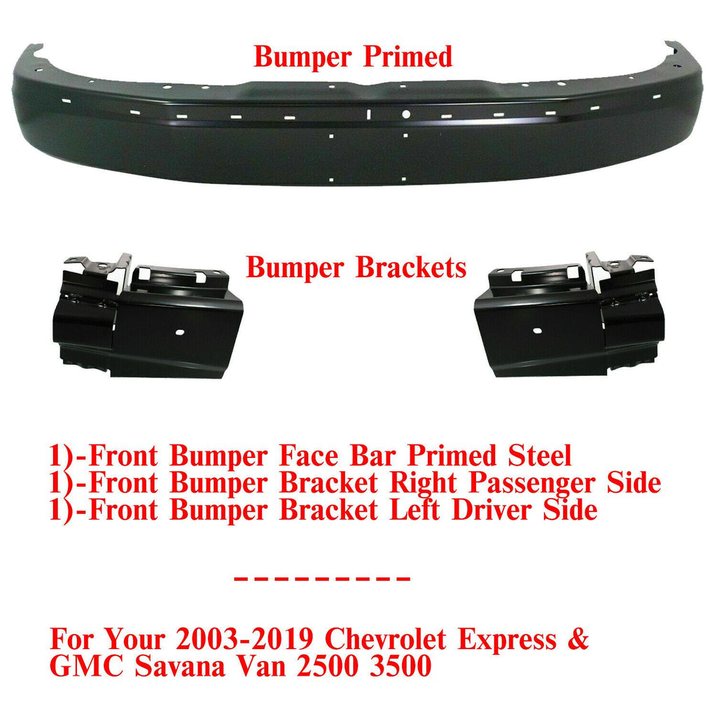 Front Bumper Primed Steel + Bracket For 03-19 Chevy Express GMC Savana 2500-3500