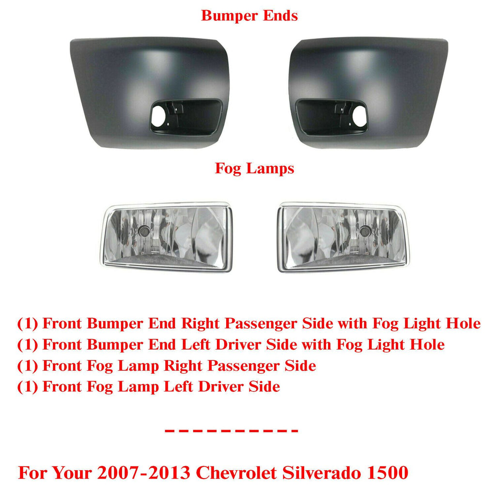 Front Bumper End Caps Primed + Fog Lights For 07-13 Chevrolet
