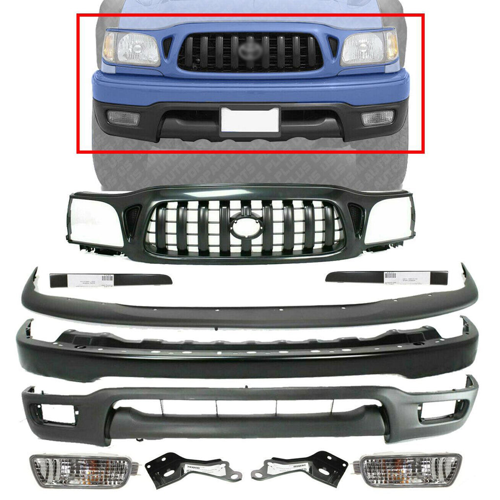 Front Bumper Primed + Grille + Brackets + Covers + FL For 01-04 Toyota Tacoma