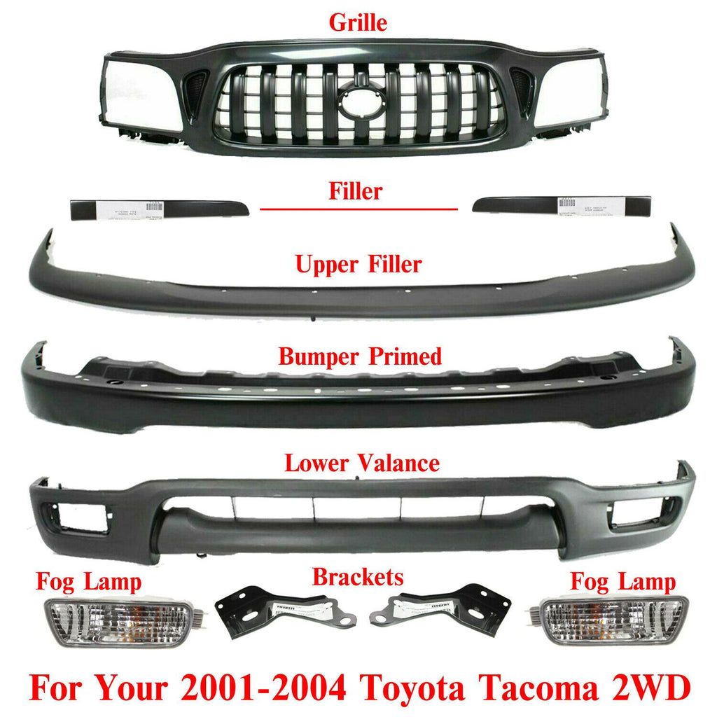 Front Bumper Primed + Grille + Brackets + Covers + FL For 01-04 Toyota Tacoma