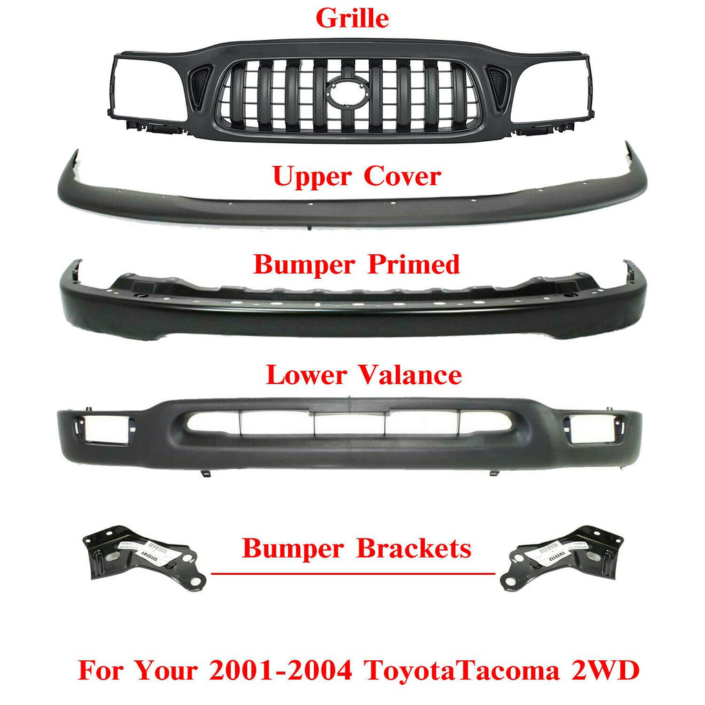 Front Bumper Kit Primed + Brackets + Grille For 2001-2004 Toyota Tacoma 2WD