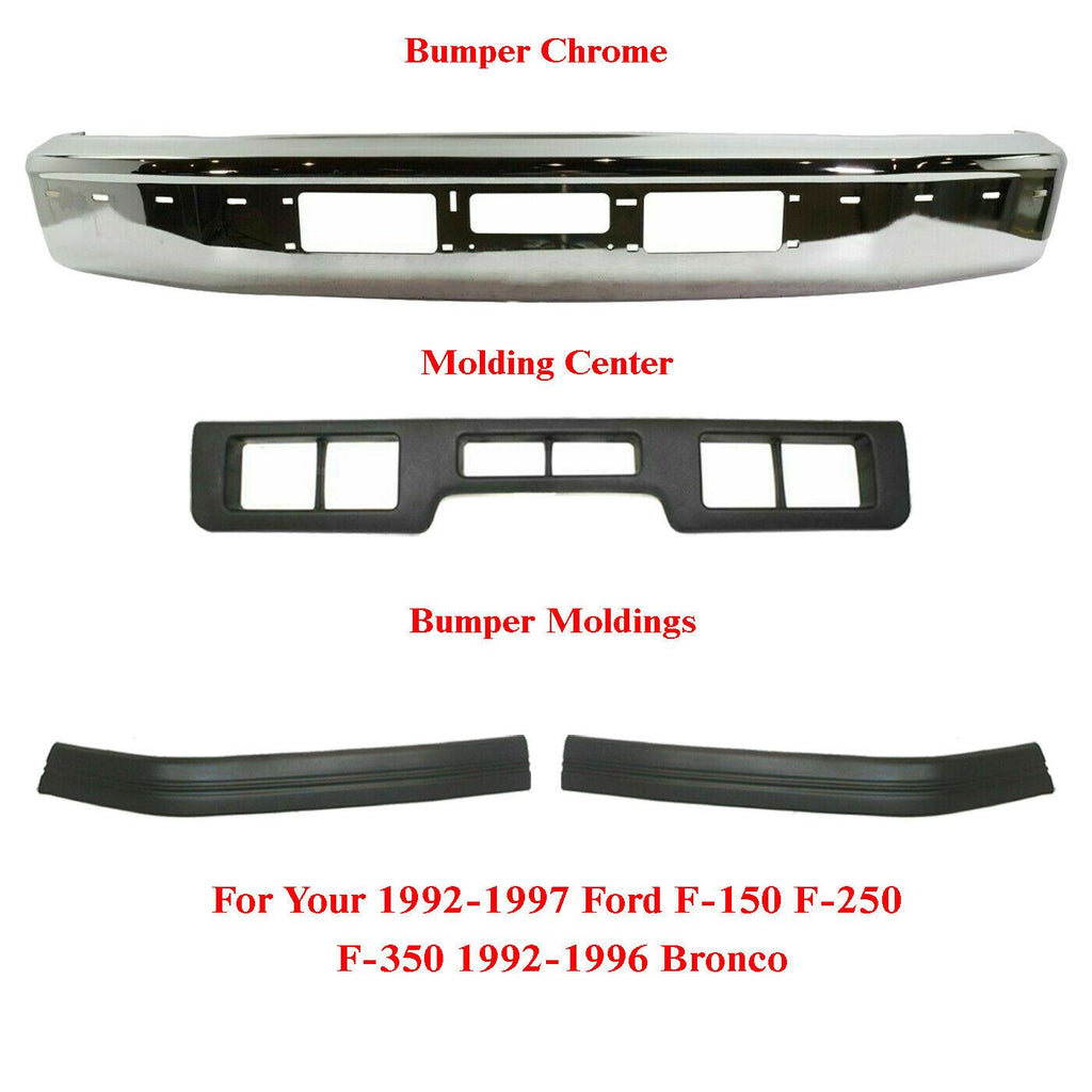 Front Bumper Chrome + Bumper Molding For 92-97 Ford F-150-350 /92-96 Ford Bronco