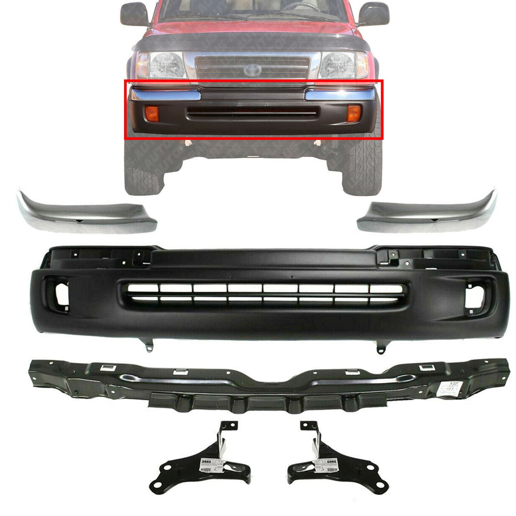 Front Bumper Primed + Trim End Bracket Kit For 1998-2000 Toyota Tacoma 6 Pcs