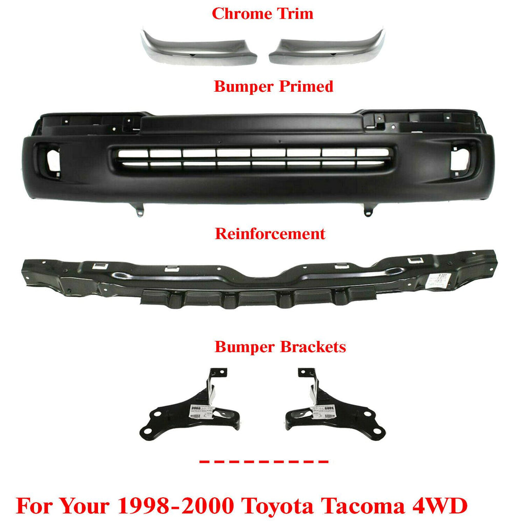 Front Bumper Primed + Trim End Bracket Kit For 1998-2000 Toyota Tacoma 6 Pcs