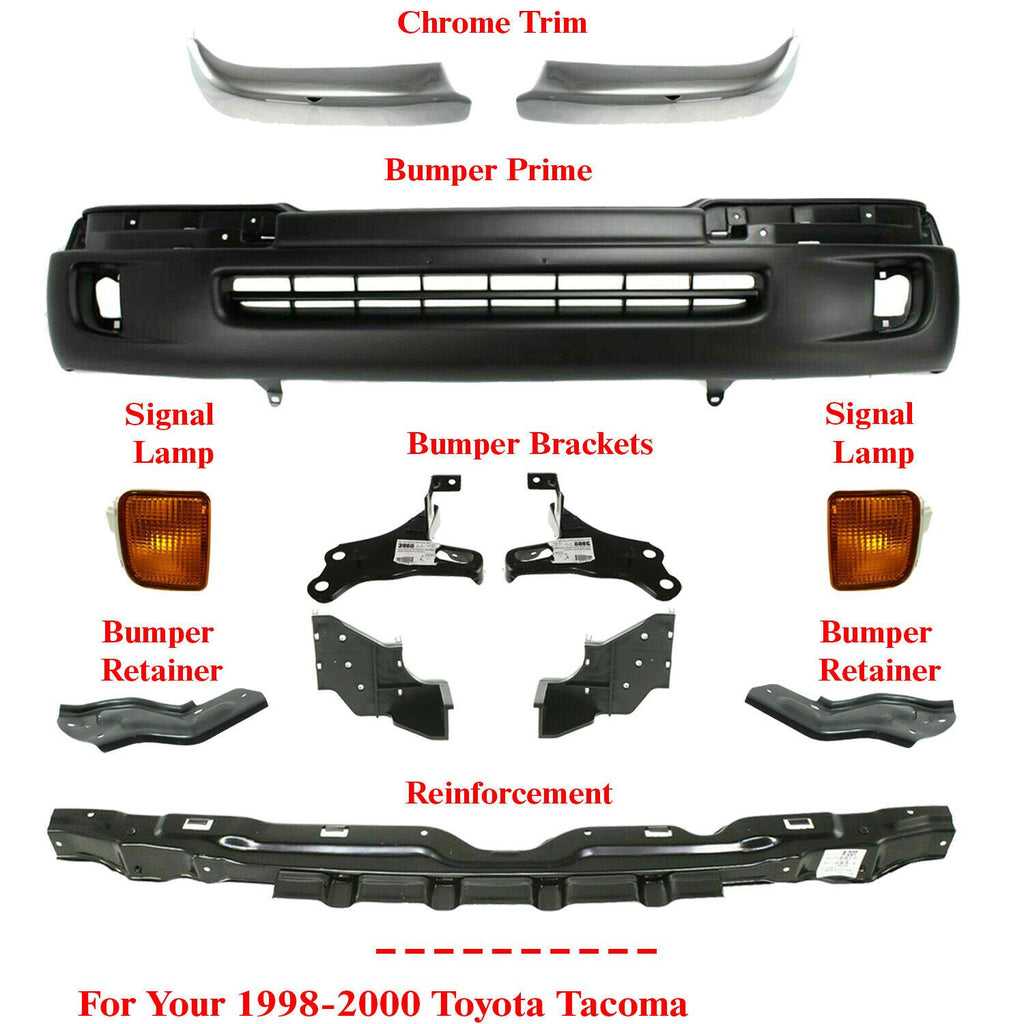 Front Bumper Cover Textured + Chrome Trim + Bracket Kit For 1998-2000 Tacoma 4WD