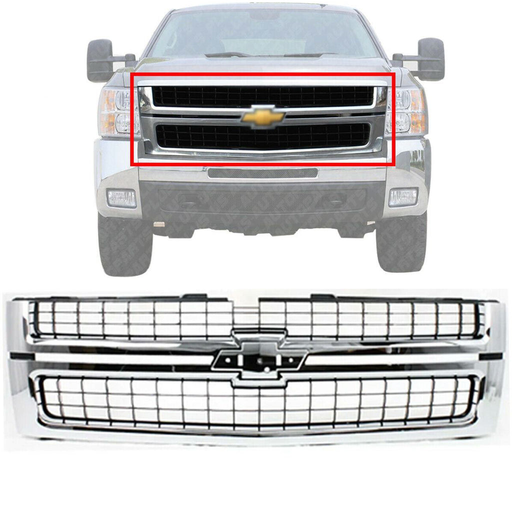 Front Grille Chrome Shell Primed Insert For 2007-2010 Silverado 2500HD 3500