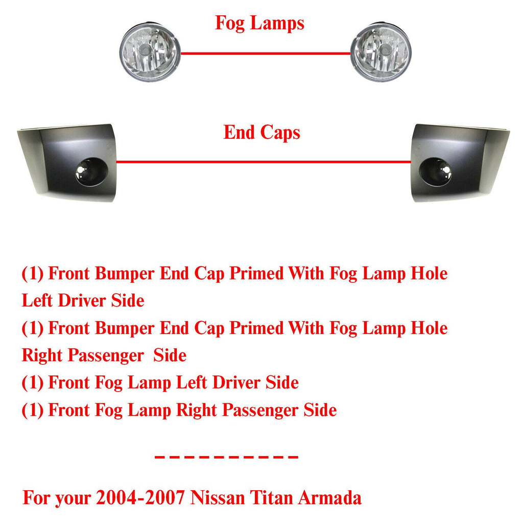 Front Bumper End Caps Primed + Fog Lights For 04-07 Nissan Titan Armada